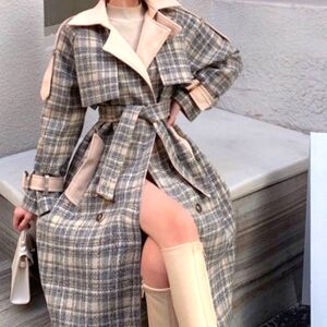 Vintage Plaid Trench Coat Double Breasted Wool Marble Belt Buckle